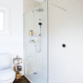 bathroom with white walls and glass shower room