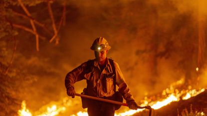 monrovia, ca september 11 los angeles county firefighters, using only hand tools, keep fire from jumping a fire break at the bobcat fire in the angeles national forest on september 11, 2020 north of monrovia, california california wildfires that have already incinerated a record 23 million acres this year and are expected to continue till december the bobcat fire has grown to more than 26,000 acres photo by david mcnewgetty images