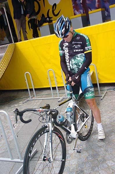 Levi Leipheimer checks to make sure his bike is ready to get to Belgium.