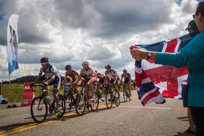 The breakaway group rolls through today's KOM.