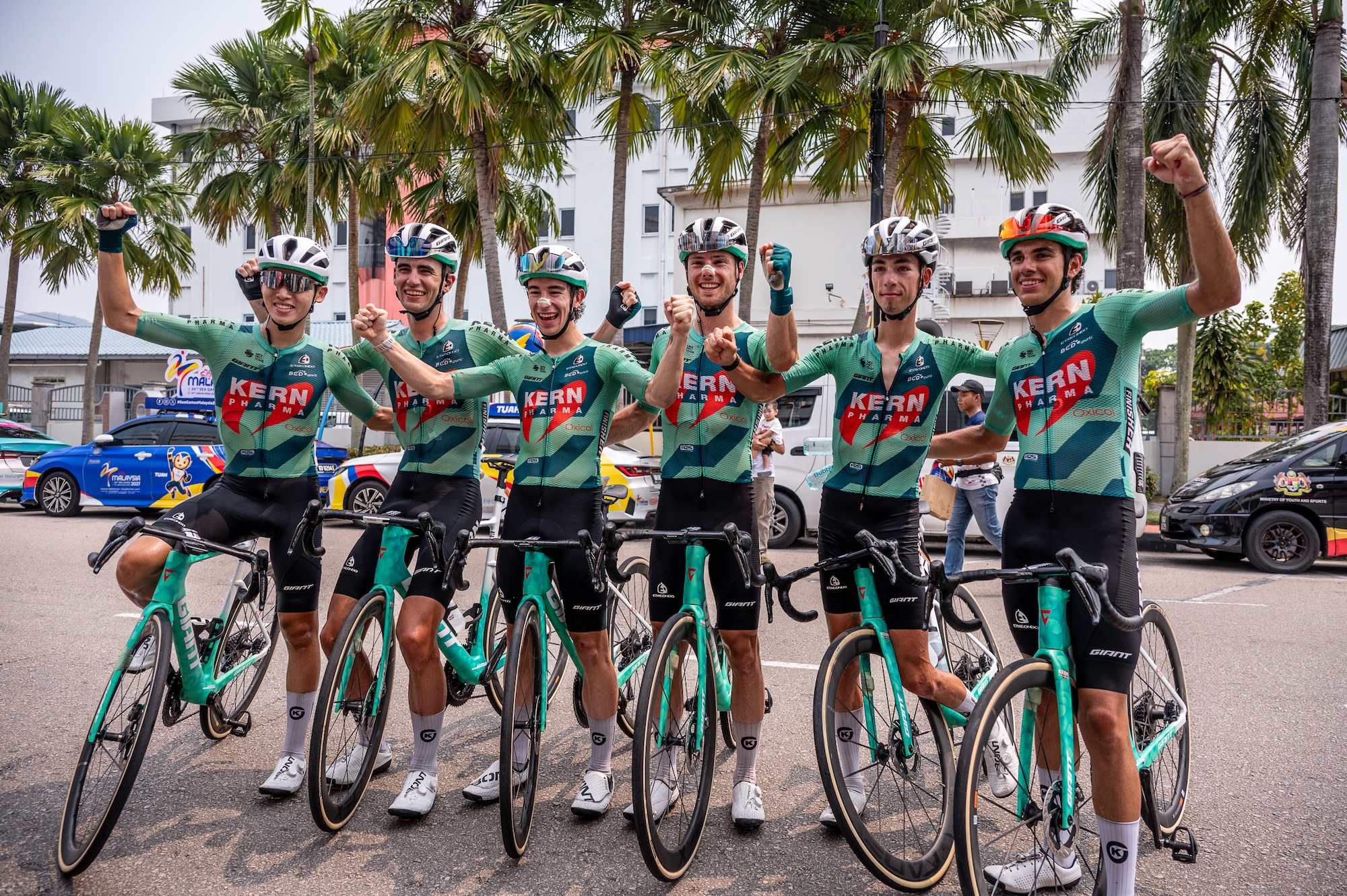 Nil Gimeno celebrating with the Kern Pharma team after winning stage 7 of Le Tour de Langkawi