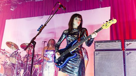 Simone Marie Butler, Bassist of Primal Scream performs live during a concert at Liverpool University on their 2025 "Come Ahead" Tour