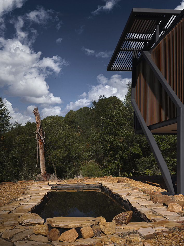 null small house, a raised steel and timber structure in the countryside that experiments as a proposal for climate resilient architecture