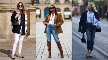 Three street style photos of stylish women wearing skinny jeans