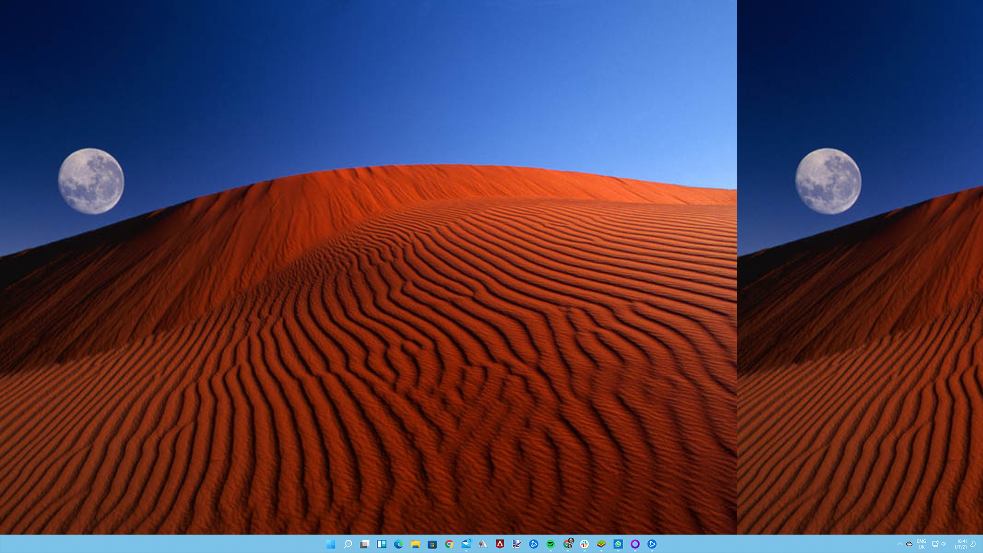 Microsoft Windows XP red moon desert wallpaper with red sand, the moon, and a blue sky