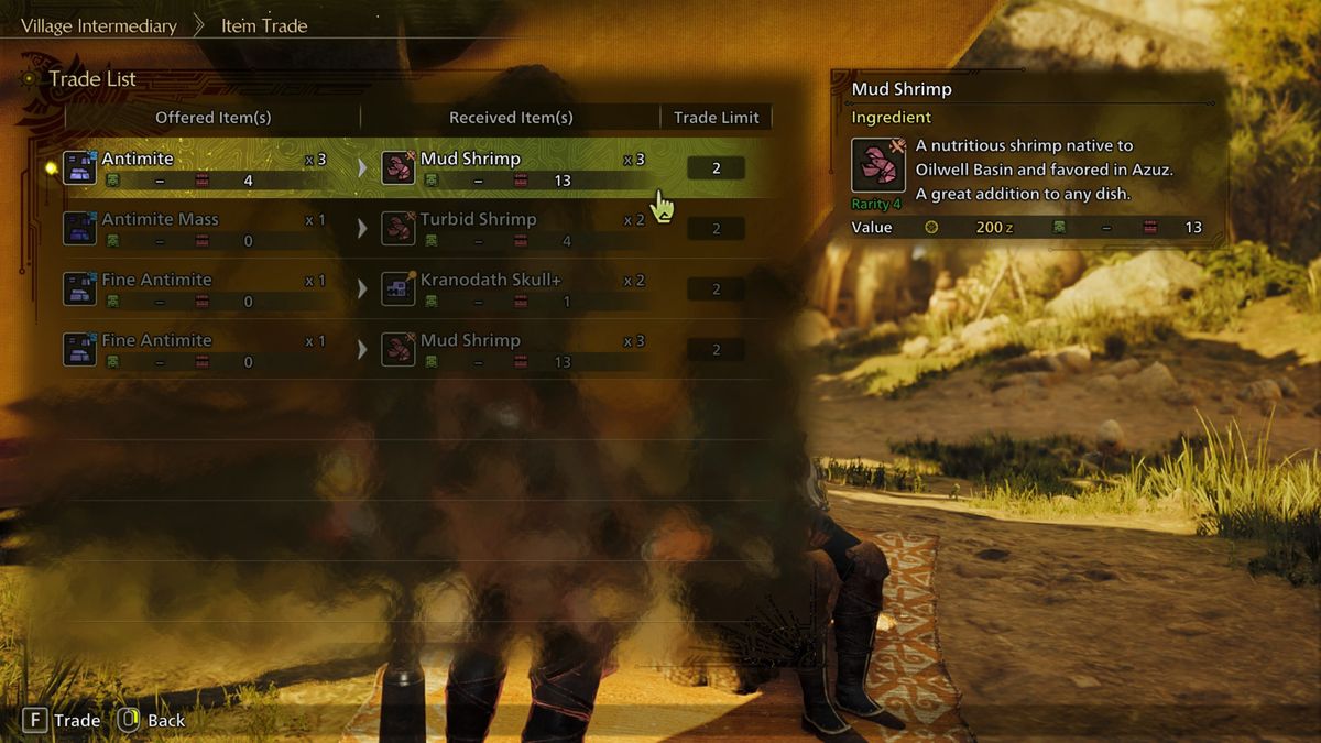 Monster Hunter Wilds - The Item Trade menu showing Mud Shrimp and what the player can offer for some.
