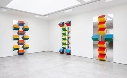 Installation view of Daniel Buren’s ‘PILE UP: High Reliefs. Situated Works’ at Lisson Gallery, London.