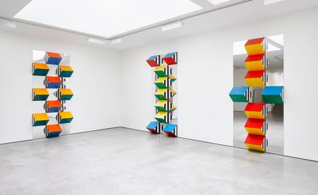 Installation view of Daniel Buren’s ‘PILE UP: High Reliefs. Situated Works’ at Lisson Gallery, London.