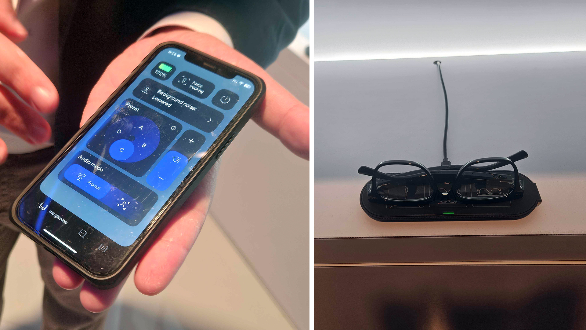 Nuance Audio glasses at CES 2025, with the app showing the control options