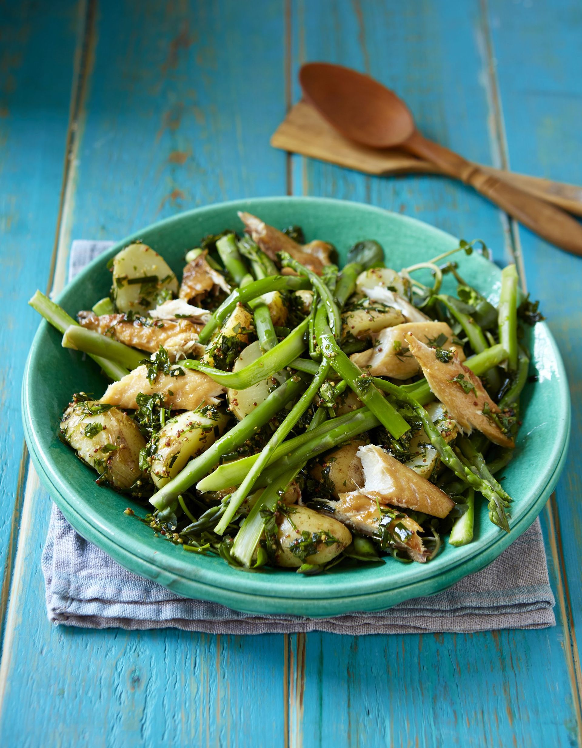 Smoked mackerel salad with asparagus and mustardy new potatoes