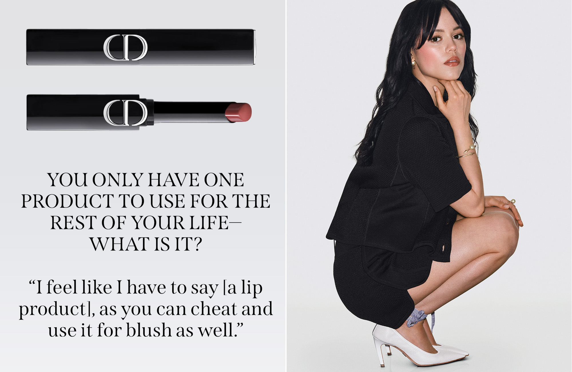 An image of Jenna Ortega in a Dior Beauty campaign next to a quote from an interview with Jenna Ortega