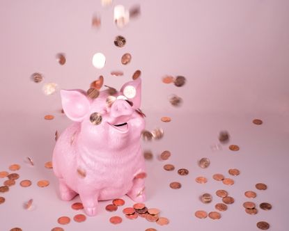 Coins raining down on a piggy bank 