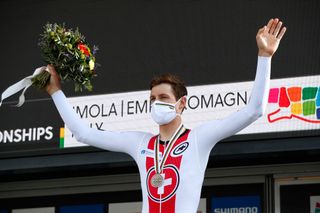 IMOLA ITALY SEPTEMBER 25 Podium Stefan Kung of Switzerland Bronze medal Celebration Mask Covid Safety Measures during the 93rd UCI Road World Championships 2020 Men Elite Individual Time Trial a 317km race from Imola to Imola Autodromo Enzo e Dino Ferrari ITT ImolaEr2020 Imola2020 on September 25 2020 in Imola Italy Photo by Bas CzerwinskiGetty Images