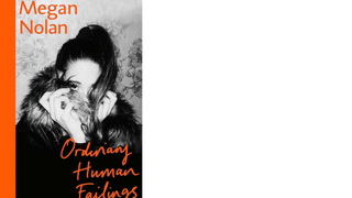 The cover of Megan Nolan's book Ordinary Human Failings, a girl pictured in black and white hiding behind her coat collar.
