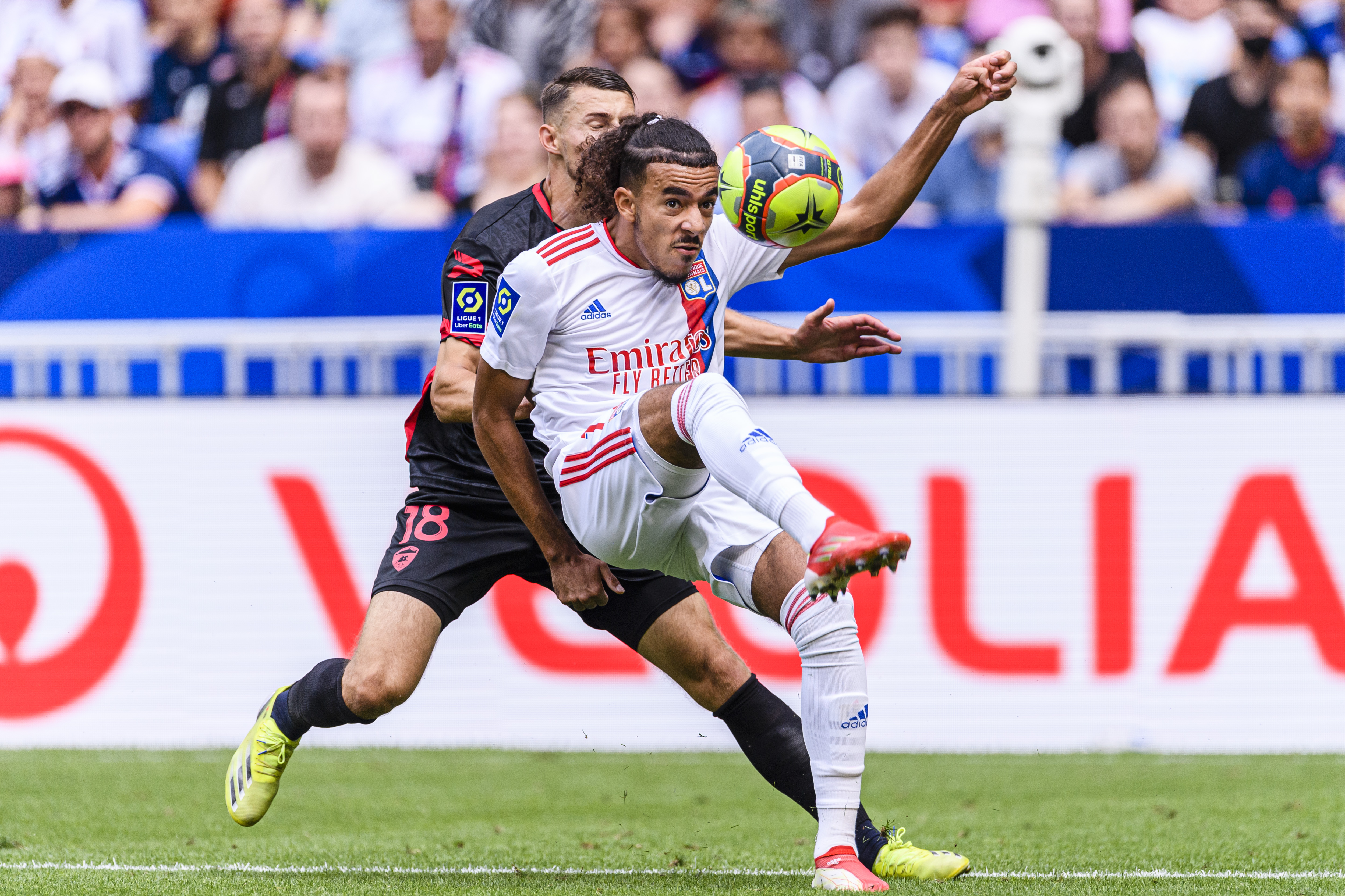 Malo Gusto in action for Lyon against Clermont Foot in August 2021.