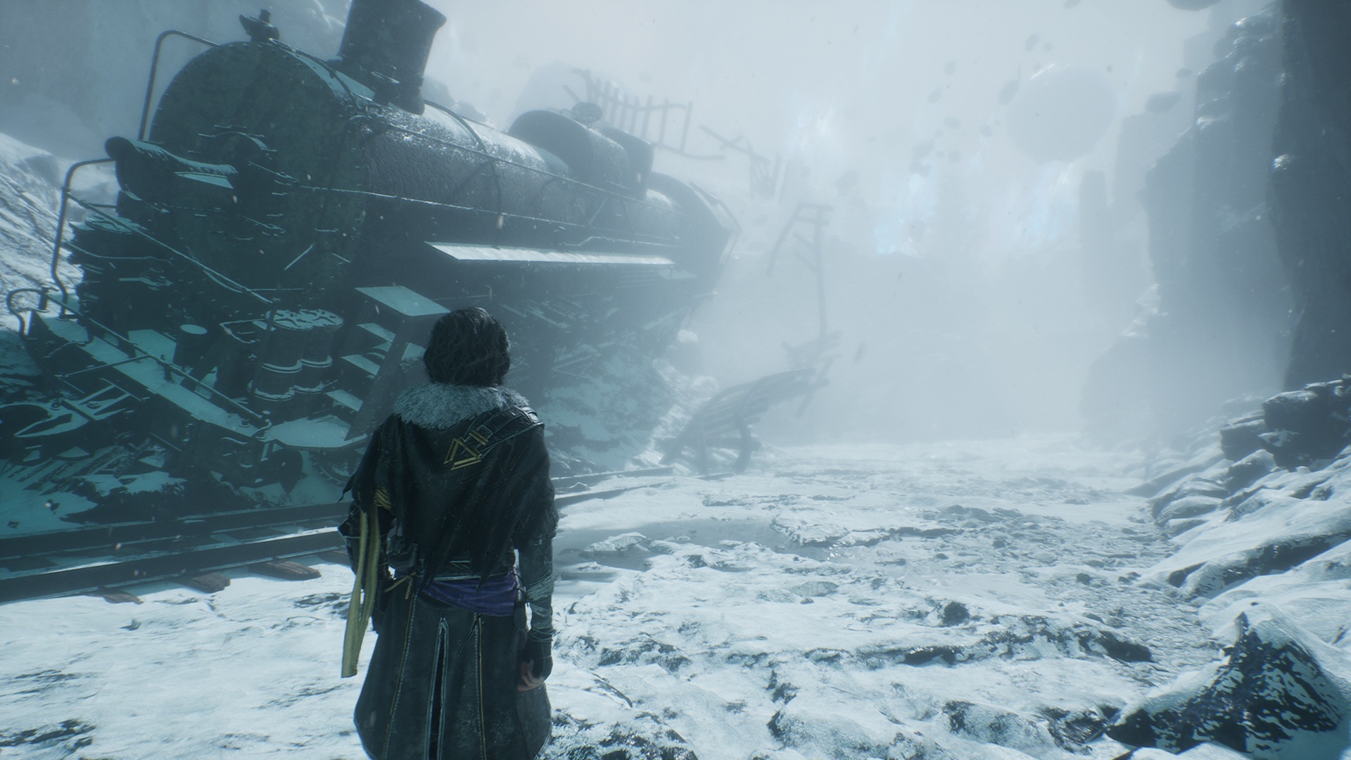 Verso in Clair Obscur: Expedition 33 looking at a train with snow all around