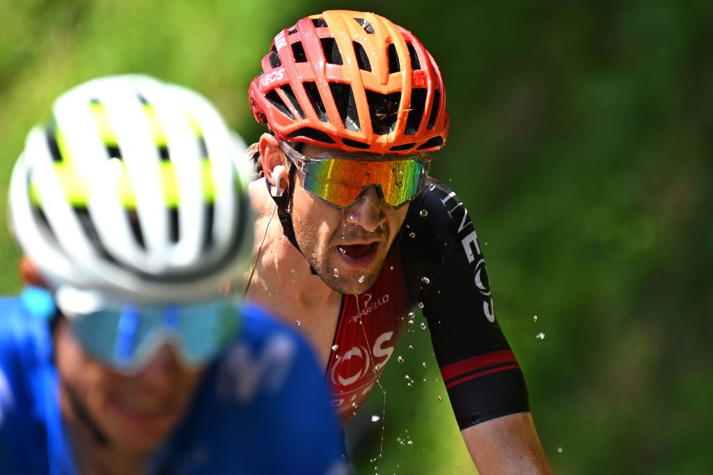 PLATEAU DE BEILLE FRANCE JULY 14 Laurens De Plus of Belgium and Team INEOS Grenadiers cools off during the 111th Tour de France 2024 Stage 15 a 1977km stage from Loudenvielle to Plateau de Beille 1782m UCIWT on July 14 2024 in Plateau de Beille France Photo by Tim de WaeleGetty Images