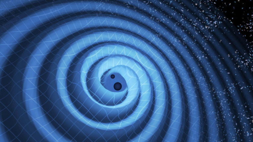 An illustration of binary black holes ringing spacetime with gravitational waves