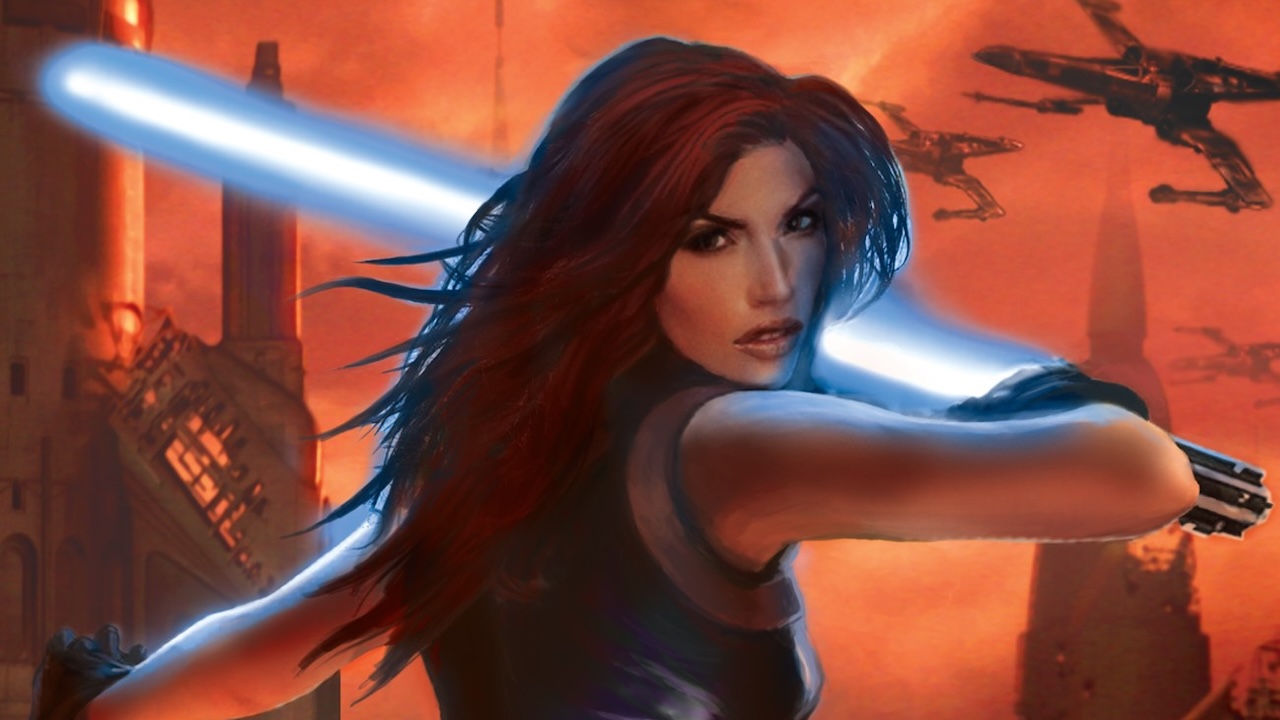 Mara Jade holding blue lightsaber as X-Wings fly behind her on the book cover for Star Wars: Legacy of the Force - Sacrifice
