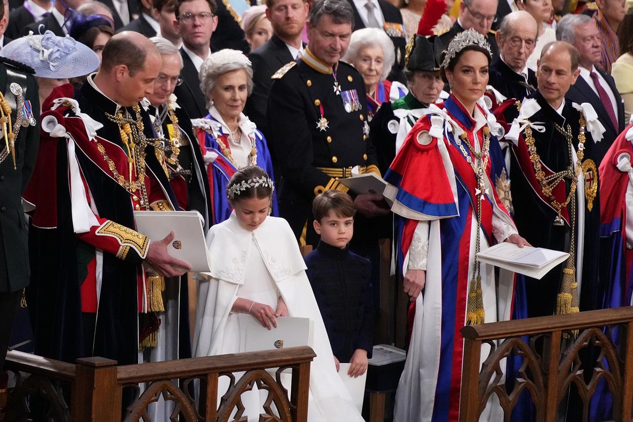 The Prince of Wales, the Princess Charlotte, Prince Louis, the Princess of Wales and the Duke of Edinburgh, (second row, left to right) the Duke of Gloucester, the Duchess of Gloucester, Vice Admiral Sir Tim Laurence, the Princess Royal, on May 6, 2023 in London, England. The Coronation of Charles III and his wife, Camilla, as King and Queen of the United Kingdom of Great Britain and Northern Ireland, and the other Commonwealth realms takes place at Westminster Abbey today. Charles acceded to the throne on 8 September 2022, upon the death of his mother,