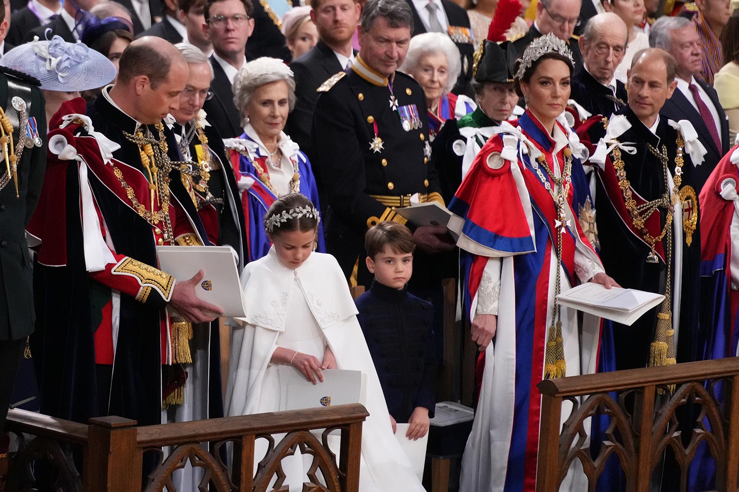 The Prince of Wales, the Princess Charlotte, Prince Louis, the Princess of Wales and the Duke of Edinburgh, (second row, left to right) the Duke of Gloucester, the Duchess of Gloucester, Vice Admiral Sir Tim Laurence, the Princess Royal, on May 6, 2023 in London, England. The Coronation of Charles III and his wife, Camilla, as King and Queen of the United Kingdom of Great Britain and Northern Ireland, and the other Commonwealth realms takes place at Westminster Abbey today. Charles acceded to the throne on 8 September 2022, upon the death of his mother,