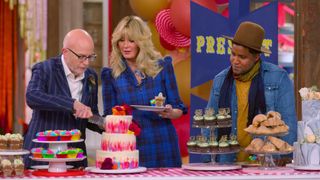 Bill Yosses, Sandra Lee, and Bryan Ford judge a selection of deserts, in 'Blue Ribbon Baking Championship.'