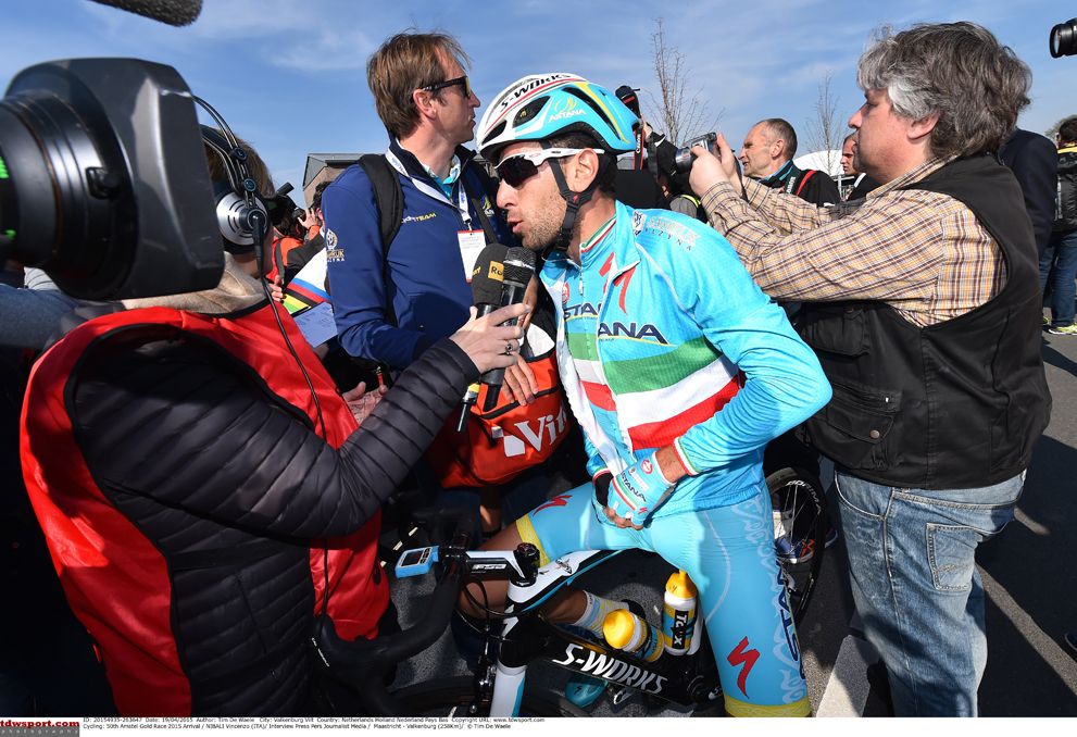 Vincenzo Nibali (Astana) talks to the press at the finish of Amstel Gold Race