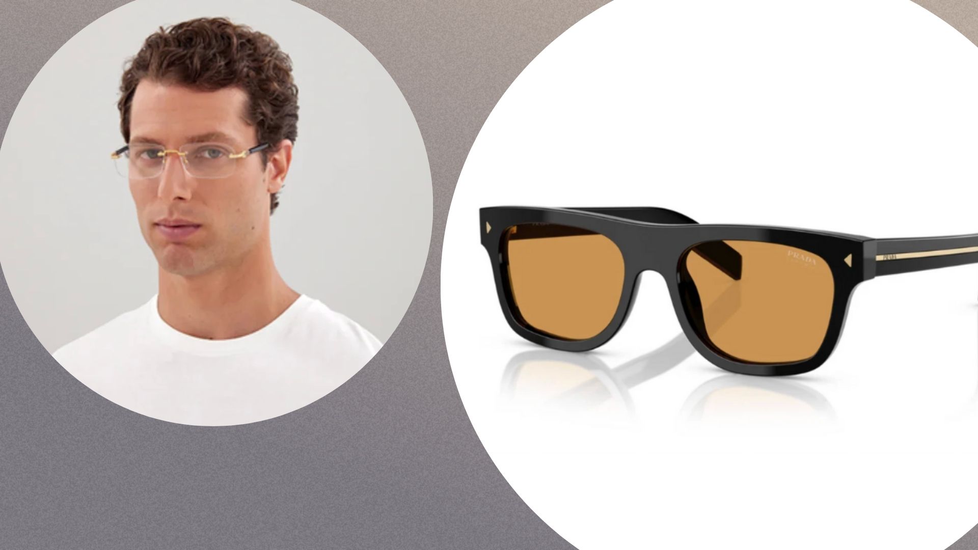 an image of two pairs of glasses, one worn by a male model, in circles against a grey gradient background