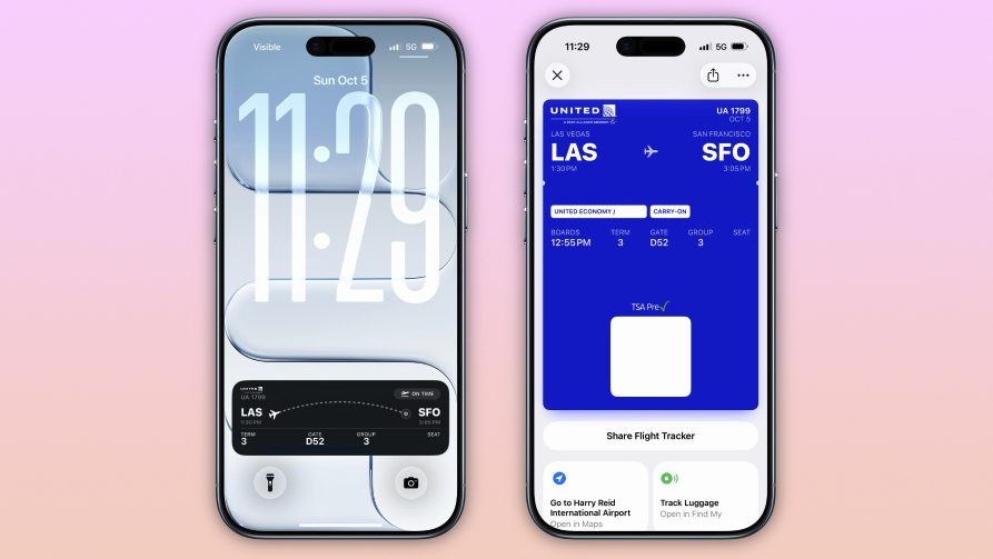 A boarding pass and flight tracker in iOS 26