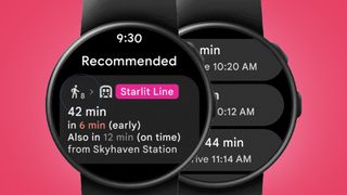 Two Wear OS watches on a pink background showing Google Maps directions