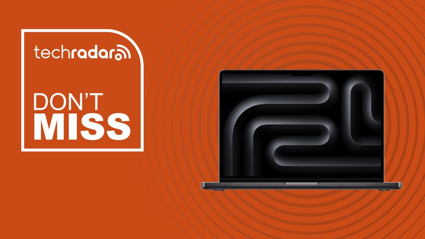 Apple MacBook Pro M5 on an orange background