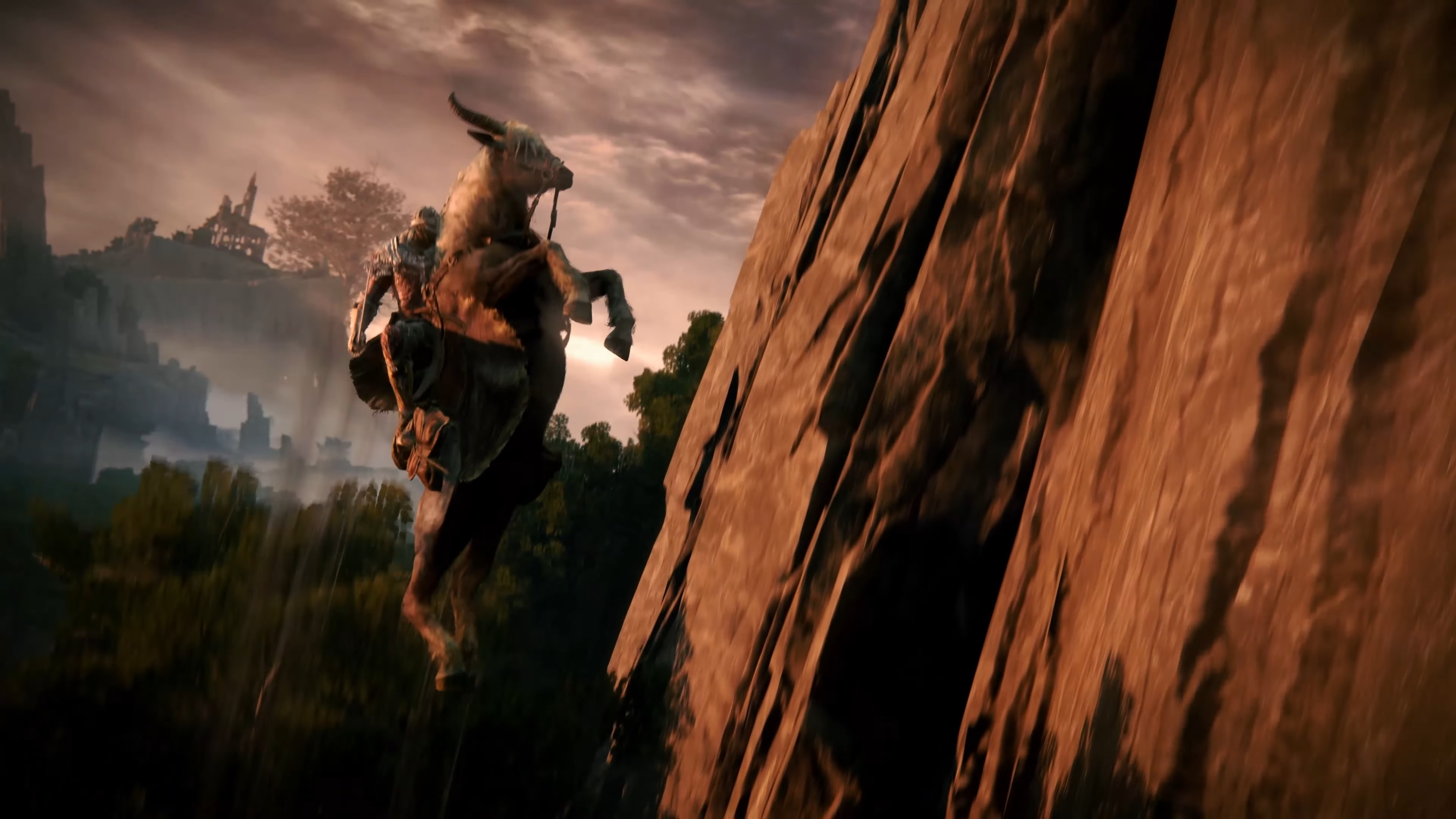 Elden Ring - A player on horseback jumps up the vertical edge of a cliff
