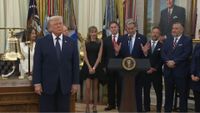 A screenshot from the White House's July 6 stream of President Donald Trump, alongside JD Vance, Michael and Susan Dell, and other politicians