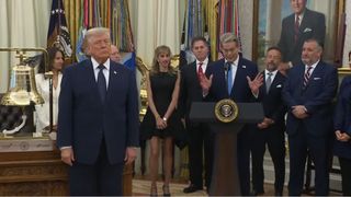 A screenshot from the White House's July 6 stream of President Donald Trump, alongside JD Vance, Michael and Susan Dell, and other politicians