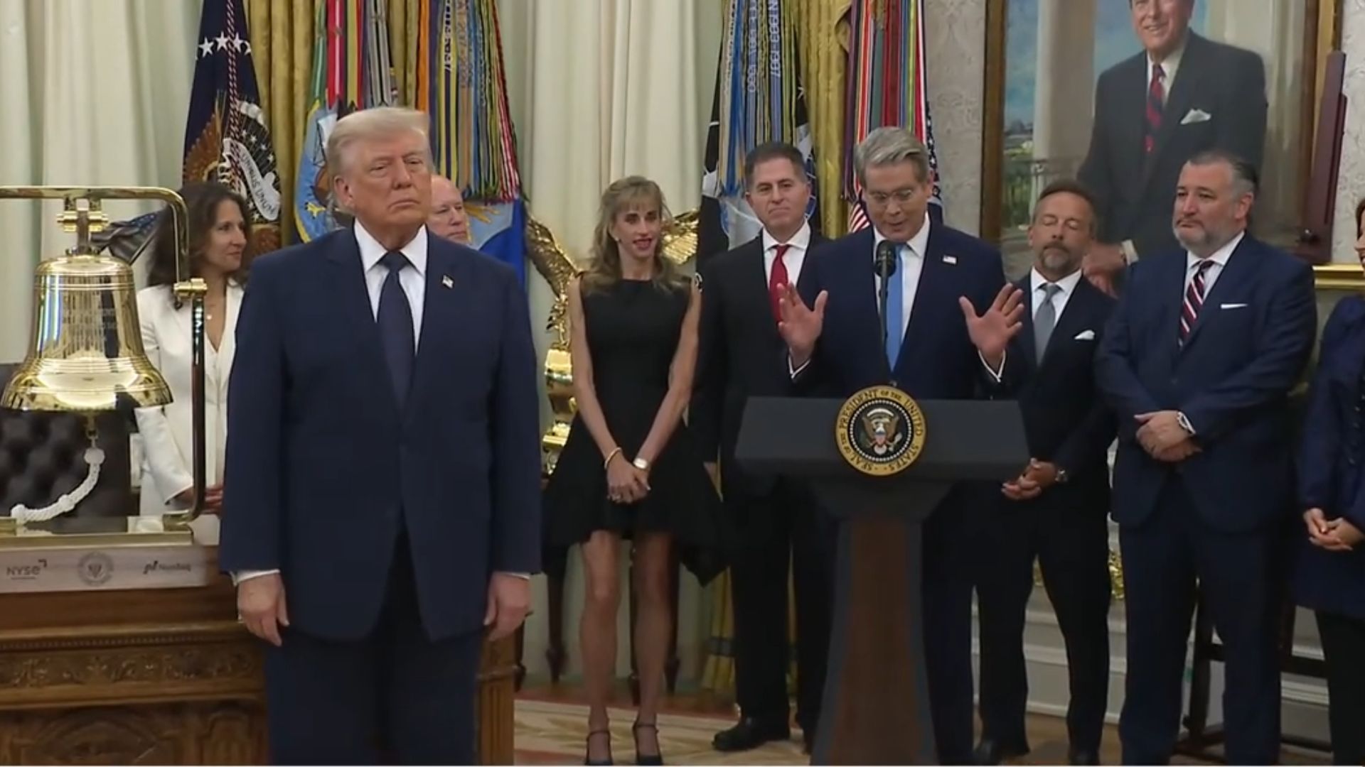A screenshot from the White House's July 6 stream of President Donald Trump, alongside JD Vance, Michael and Susan Dell, and other politicians