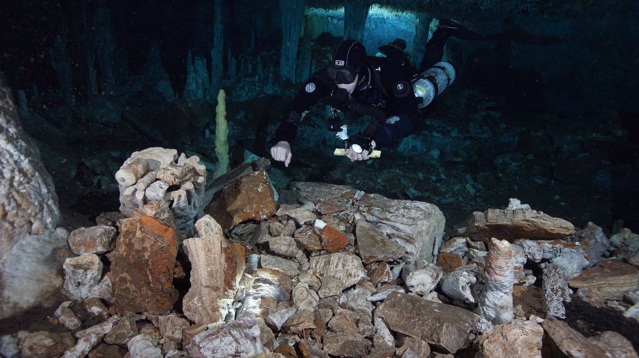 A diver explores the ancient mining camp in La Mina ("the mine" in Spanish).