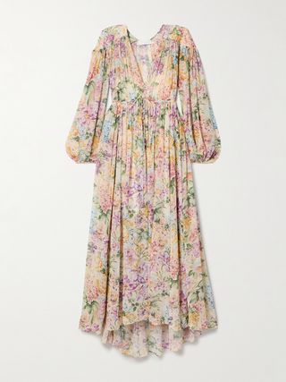 Vestido longo de seda e crepe com estampa floral franzida Halliday