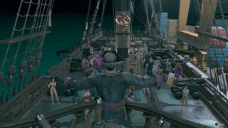 Majima addressing his crew on his pirate ship in Like a Dragon: Pirate Yakuza in Hawaii.