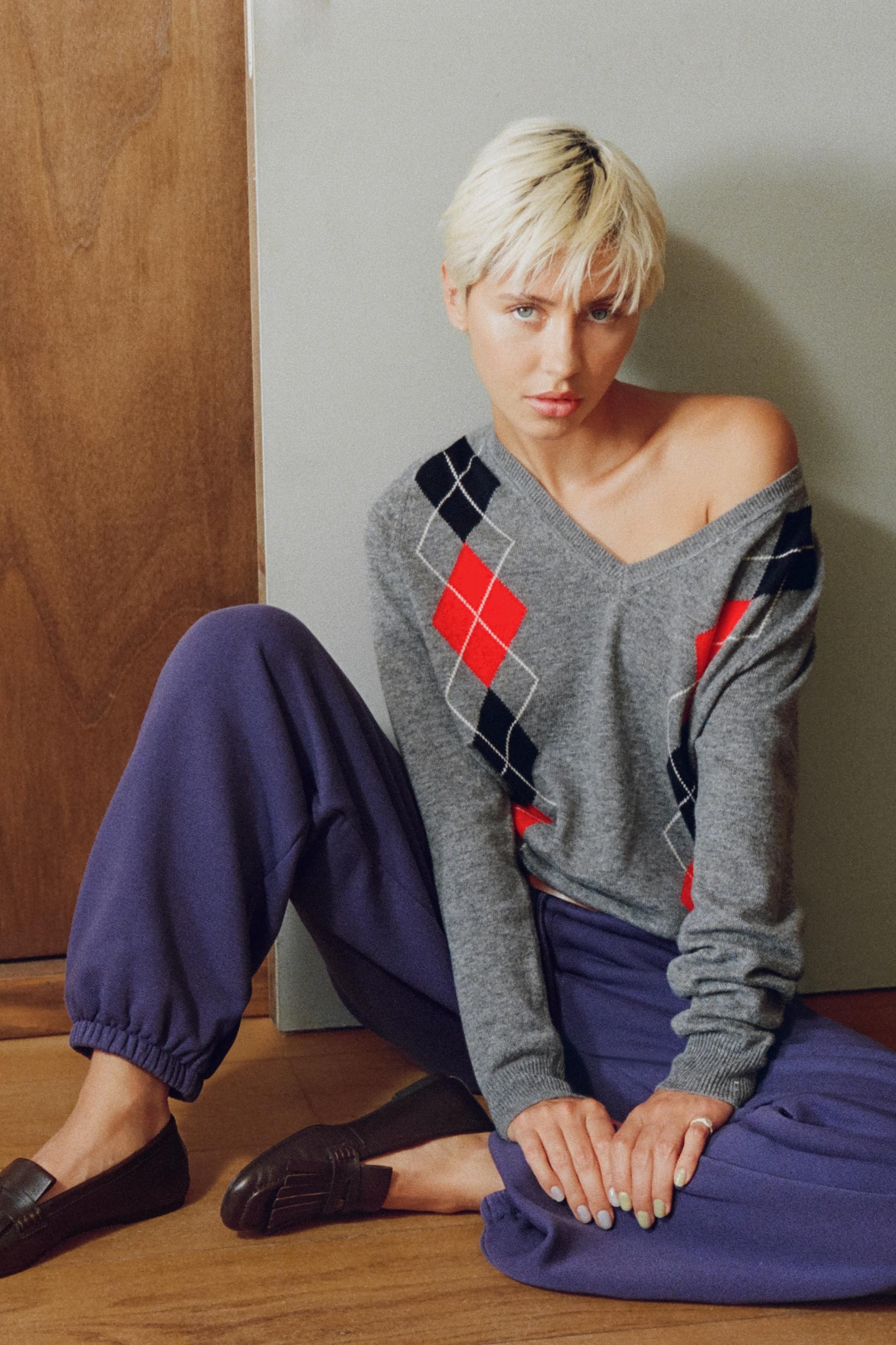 Diamond Pattern Wool Sweater - Gray - S