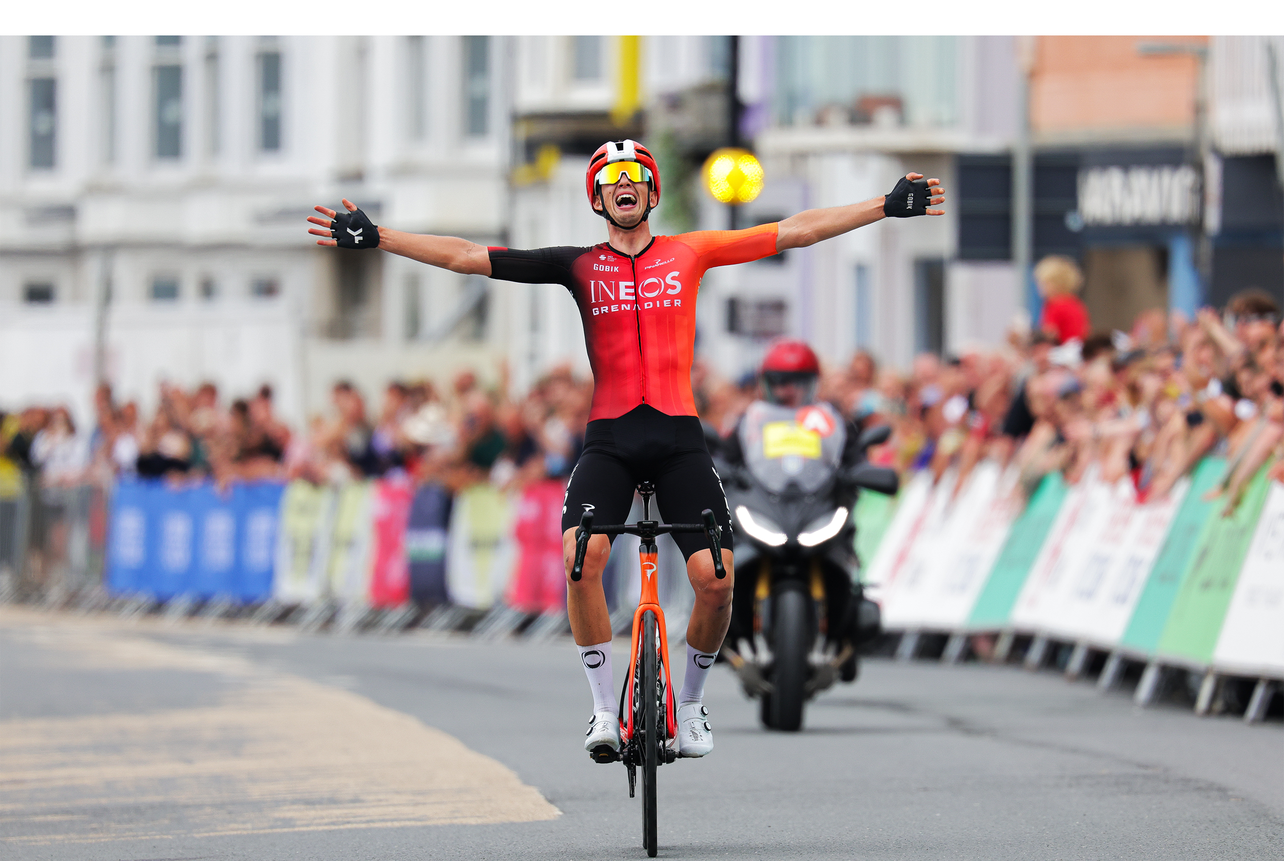 Sam Watson celebrates winning the British National Championships road race