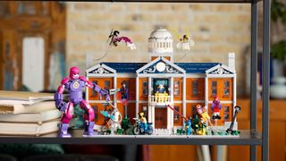 The Lego Marvel X-Mansion with minifigures on display