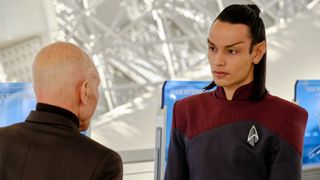 Sir Patrick Stewart as Jean-Luc Picard and Evan Evagora as Elnor in Star Trek: Picard.