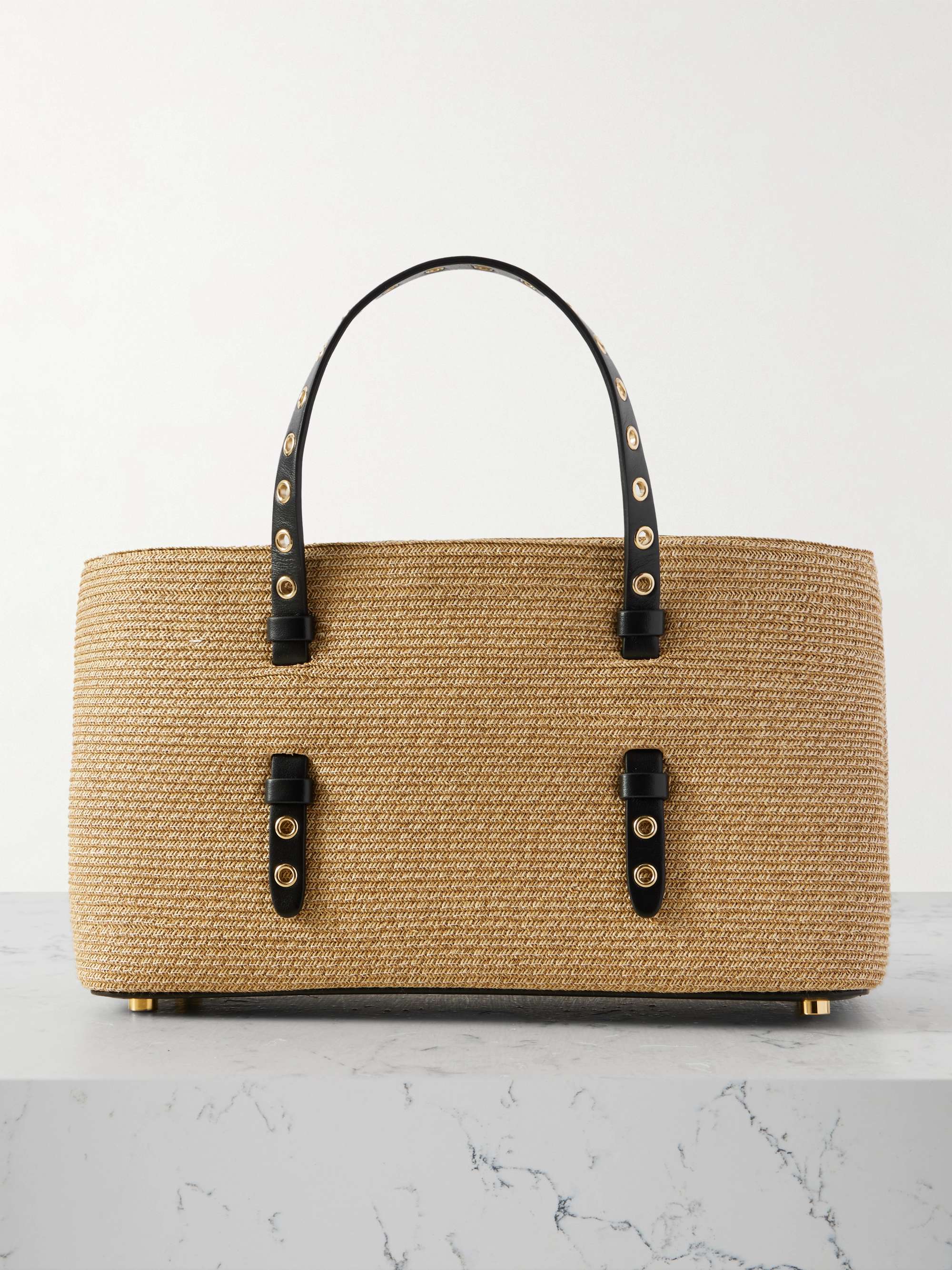 Mena E/w Medium Eyelet-Embellished Leather-Trimmed Raffia Tote