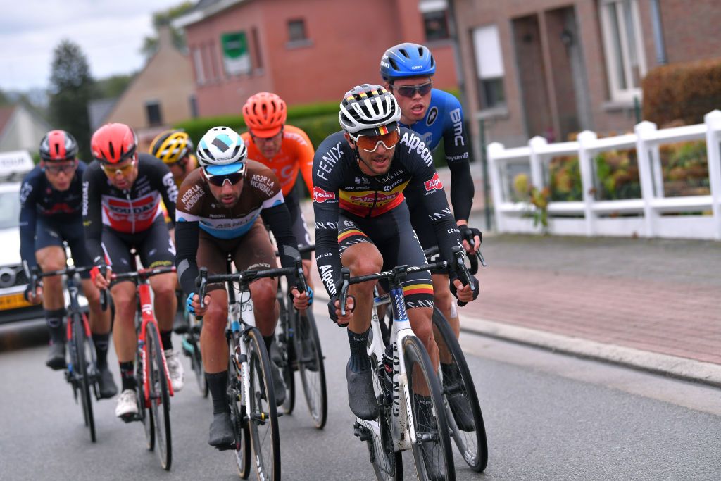 GERAARDSBERGEN BELGIUM OCTOBER 03 Dries De Bondt of Belgium and Team AlpecinFenix Rasmus Fossum Tiller of Norway and NTT Pro Cycling Team Julien Duval of France and Team Ag2R La Mondiale Jonas Koch of Germany and CCC Team Brian Van Goethem of The Netherlands and Team Lotto Soudal Christian Knees of Germany and Team INEOS Grenadiers Bertjan Lindeman of The Netherlands and Team Jumbo Visma Breakaway during the 16th BinckBank Tour 2020 Stage 5 a 1836km stage from Ottignies Louvain la Neuve to Muur van Geraardsbergen 108m BinckBankTour BinckBankTour on October 03 2020 in Geraardsbergen Belgium Photo by Luc ClaessenGetty Images