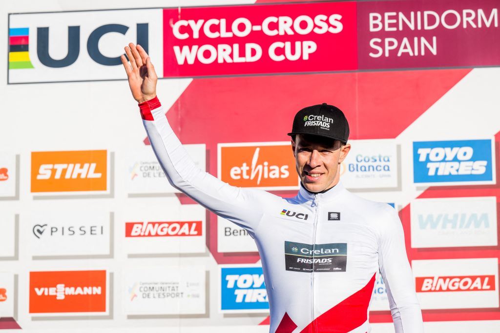 Belgian Laurens Sweeck celebrates on the podium after the mens elite race at the Cyclocross World Cup cyclocross event in Benidorm Spain Sunday 22 January 2023 the thirteenth stage out of 14 in the World Cup of the 20222023 season BELGA PHOTO JASPER JACOBS Photo by JASPER JACOBS BELGA MAG Belga via AFP Photo by JASPER JACOBSBELGA MAGAFP via Getty Images