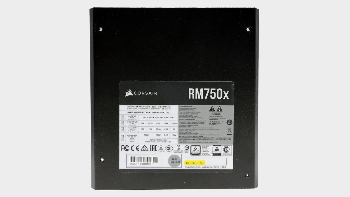 Corsair RM750x power supply pictured with and without box.