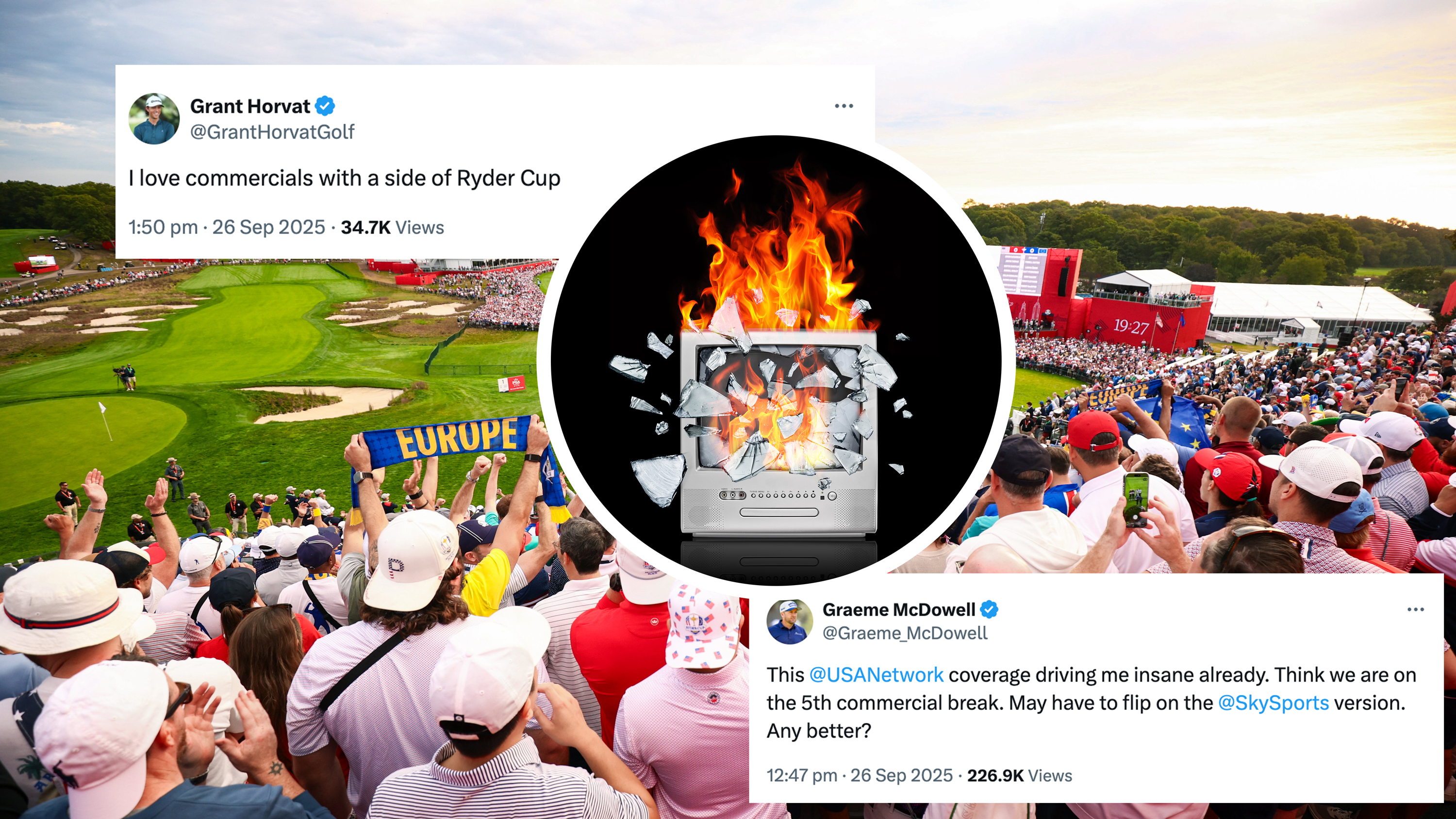 A television smashed and on fire to represent the poor quality of the TV coverage at the Ryder Cup, with an image of the Ryder Cup at Bethpage Black behind and two inset images of X posts from Graeme McDowell and Grant Horvat criticising the tv coverage of the Ryder Cup