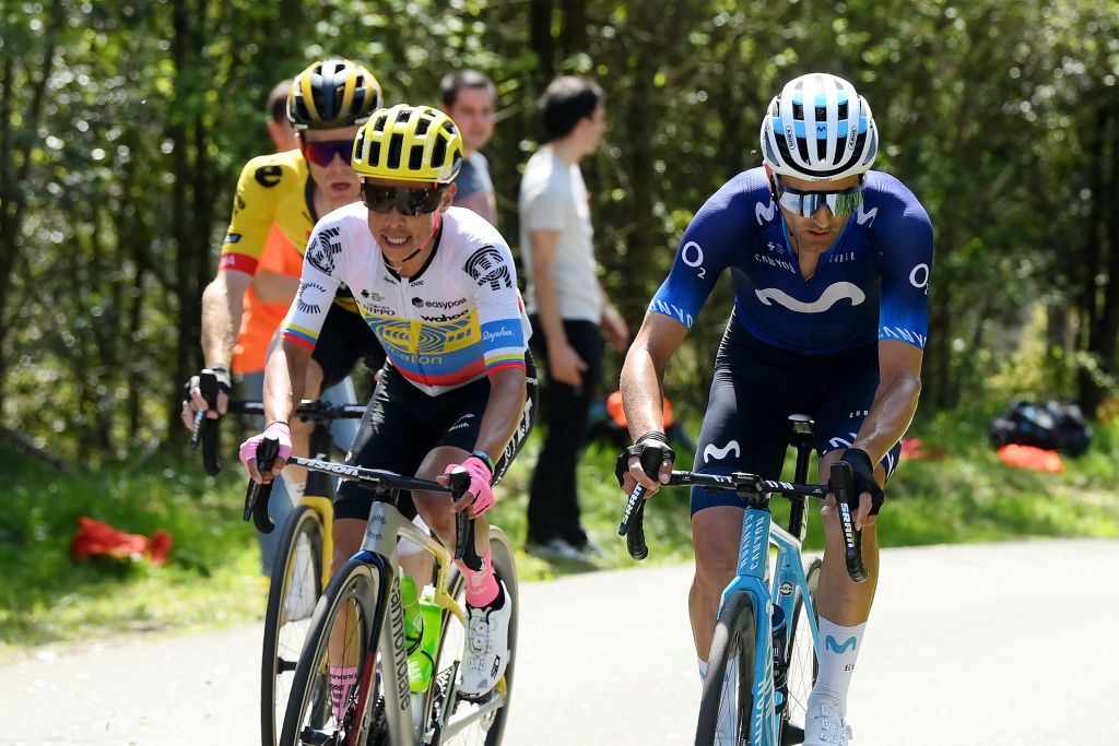 EIBAR SPAIN APRIL 08 LR Steven Kruijswijk of The Netherlands and Team Jumbo Visma Jhoan Esteban Chaves Rubio of Colombia and Team EF Education Easypost and Ruben Guerreiro of Portugal and Movistar Team compete in the breakaway climbing to the Krabelin 576m during the 62nd Itzulia Basque Country Stage 6 a 1378km stage from Eibar to Eibar UCIWT on April 08 2023 in Eibar Spain Photo by David RamosGetty Images
