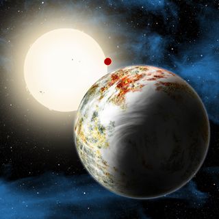 Artist's concept of the exoplanet Kepler-10c, the "Godzilla of Earths" that's 17 times more massive than Earth. The planet and its lava-world sibling Kepler 10b (background) orbit the star Kepler-10 about 560 light-years from Earth.