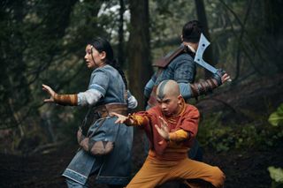 Katara (Kiawentiio), Aang (Gordon Cormier), and Sokka (Ian Ousley) learn to fight as a team in season 1 of 'Avatar: The Last Airbender.'